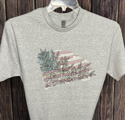 Patriotic Flowers with Flag T-Shirt